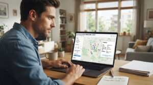 Personne analysant sur écran une carte de Massy avec des ventes immobilières récentes et des filtres de comparaison